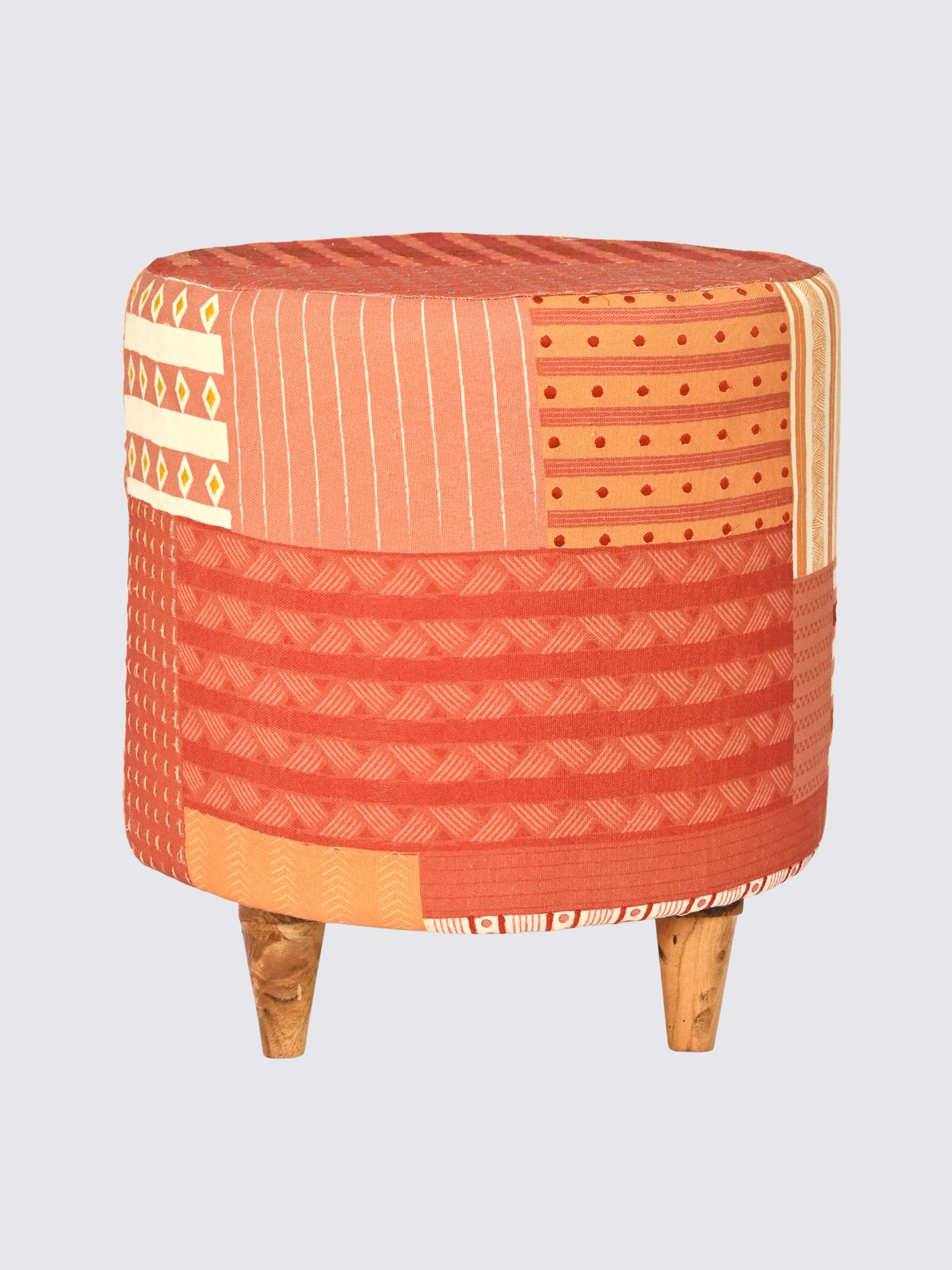 Side view of kilim cylindrical ottoman in brown — Art Avenue