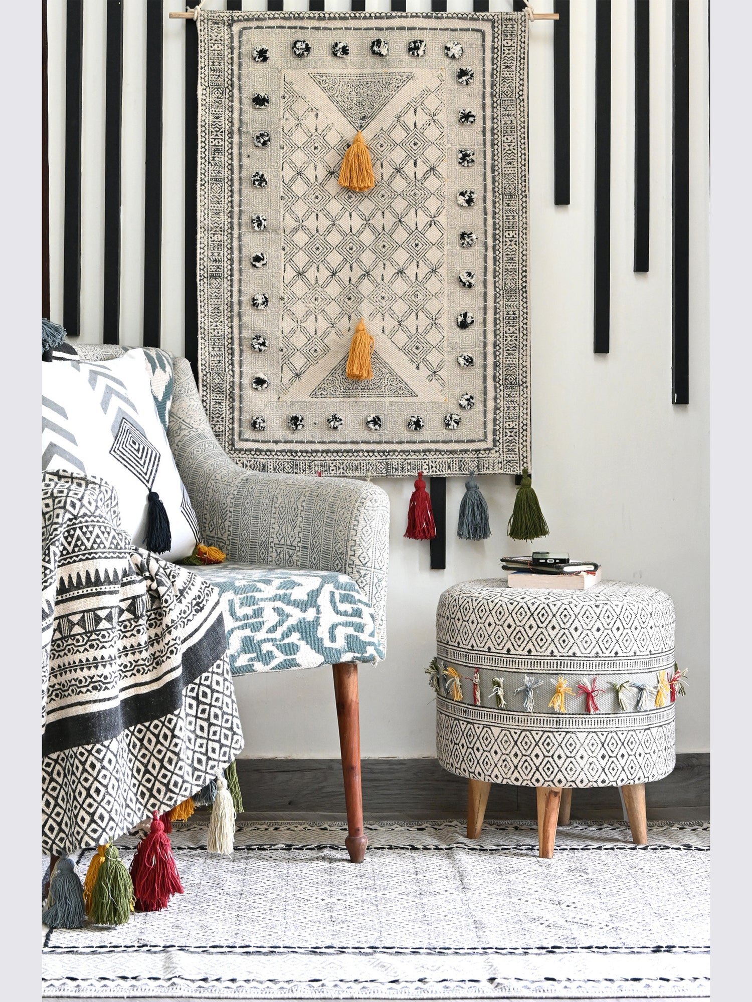 Kilim-Upholstered Cylindrical Ottoman in Brown — Art Avenue