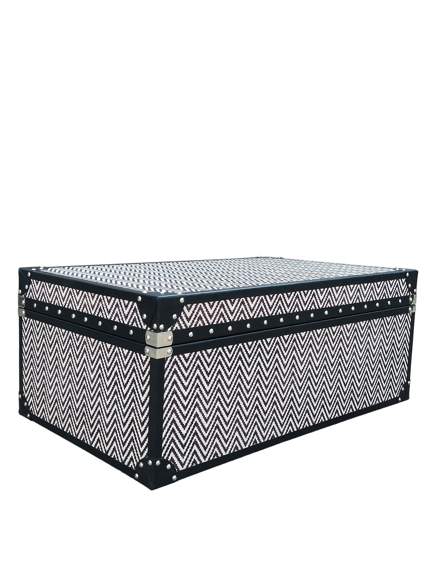 Zigzag kilim trunk — kilim panel and leather trim detail — Art Avenue
