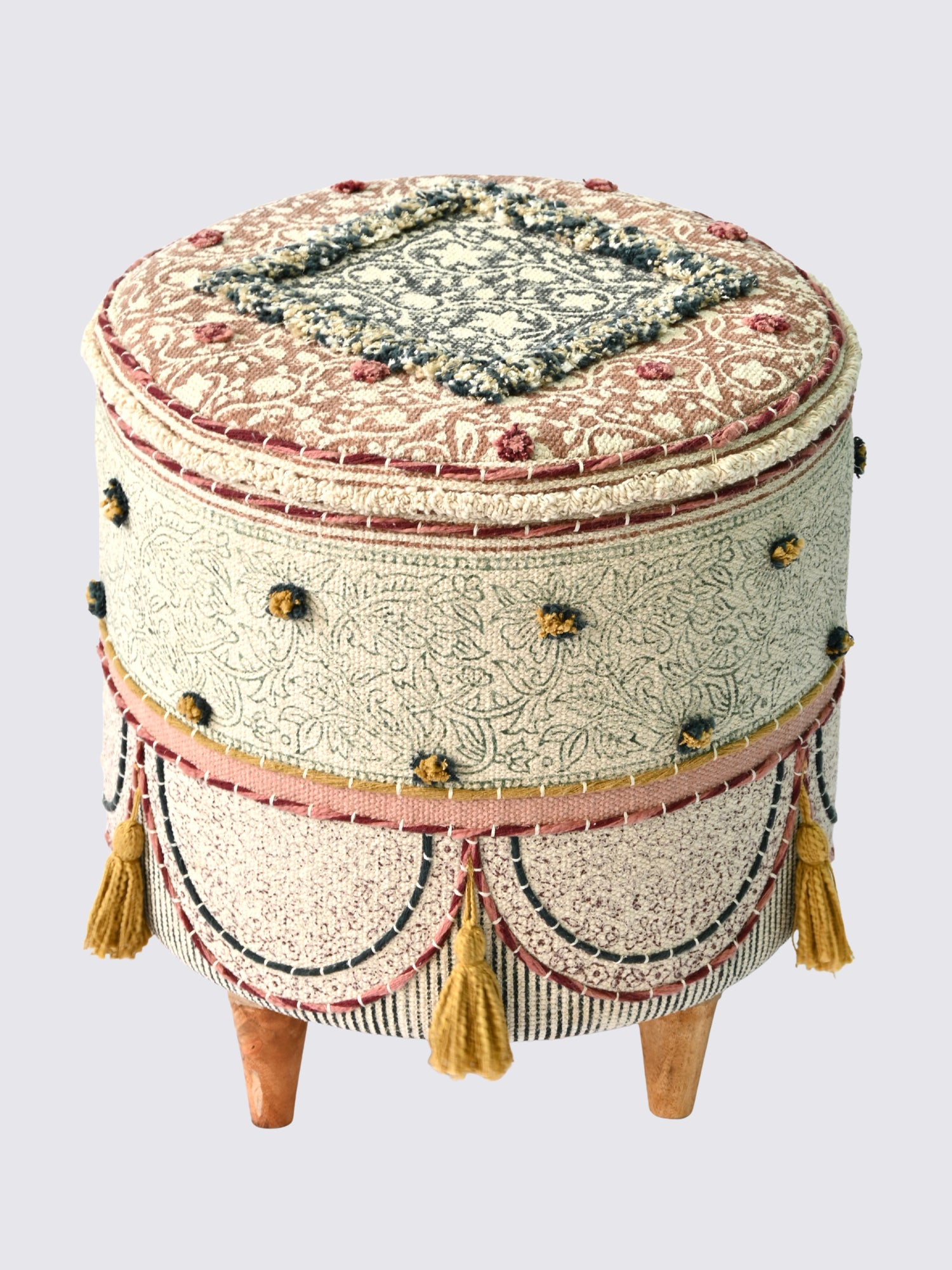 Side view of kilim cylindrical ottoman in brown — Art Avenue