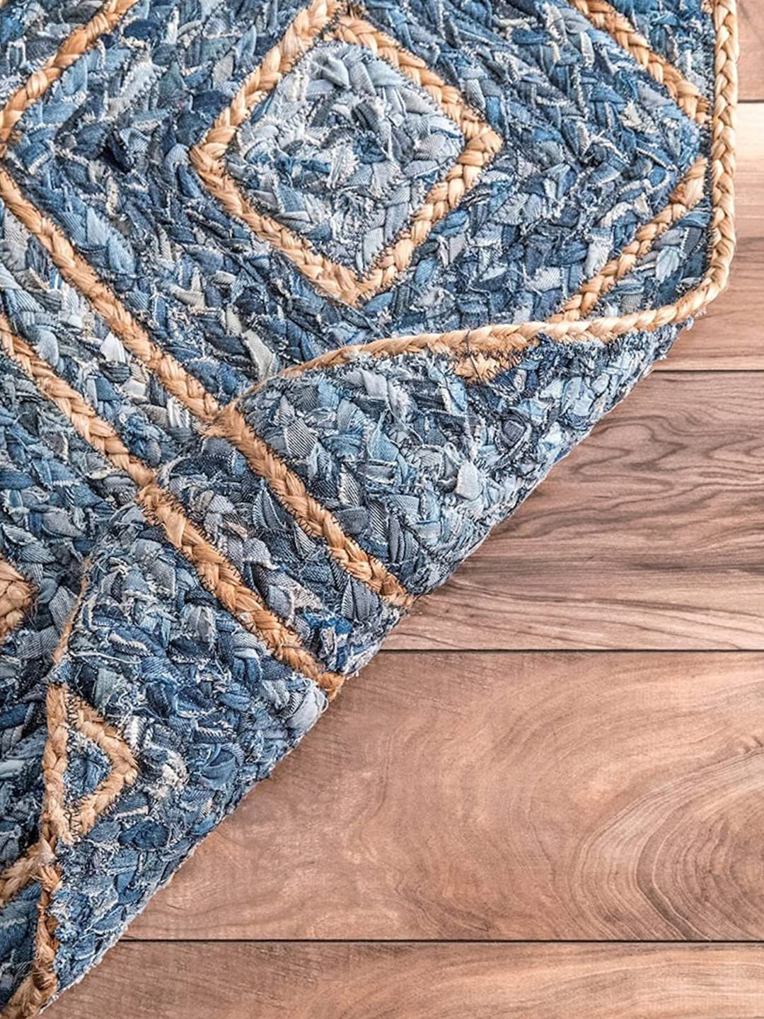 Arctic hand-braided jute and denim rug lifestyle — Art Avenue Jaipur