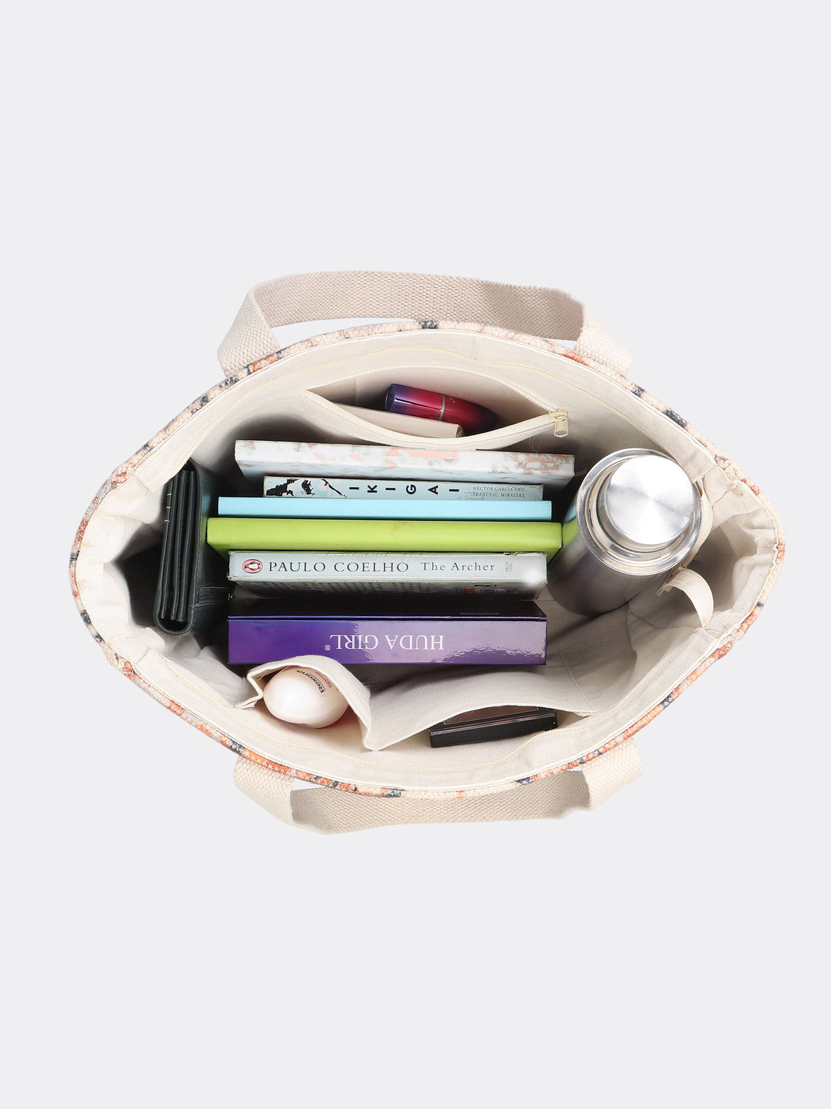 Marquess block-printed embroidered tote bag flat lay — Art Avenue