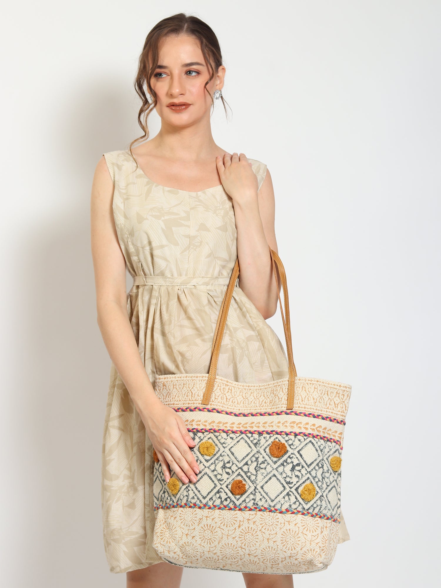 Maize block-printed tote bag, side view — Art Avenue