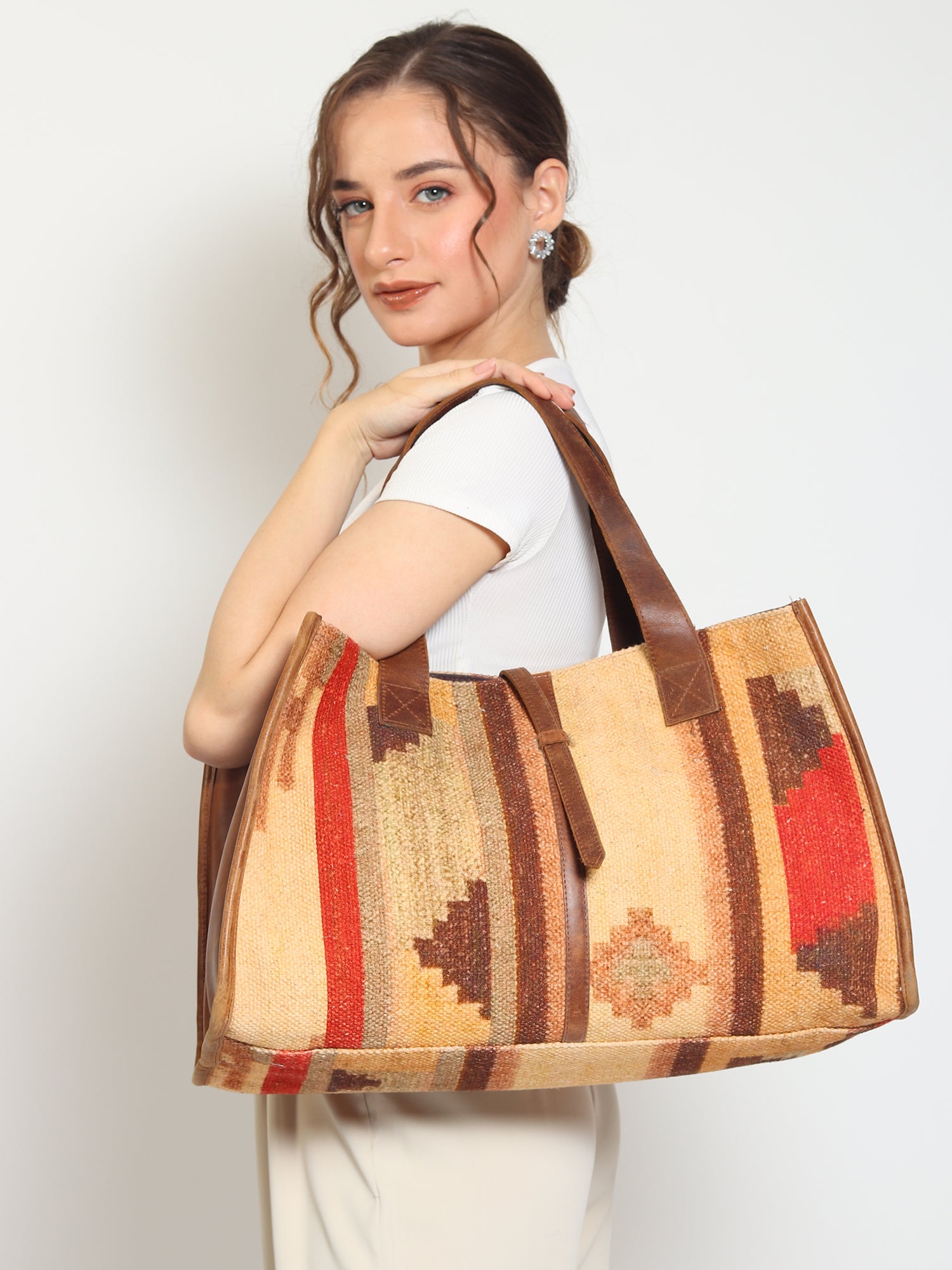 Natalie printed kilim handbag, side view — Art Avenue