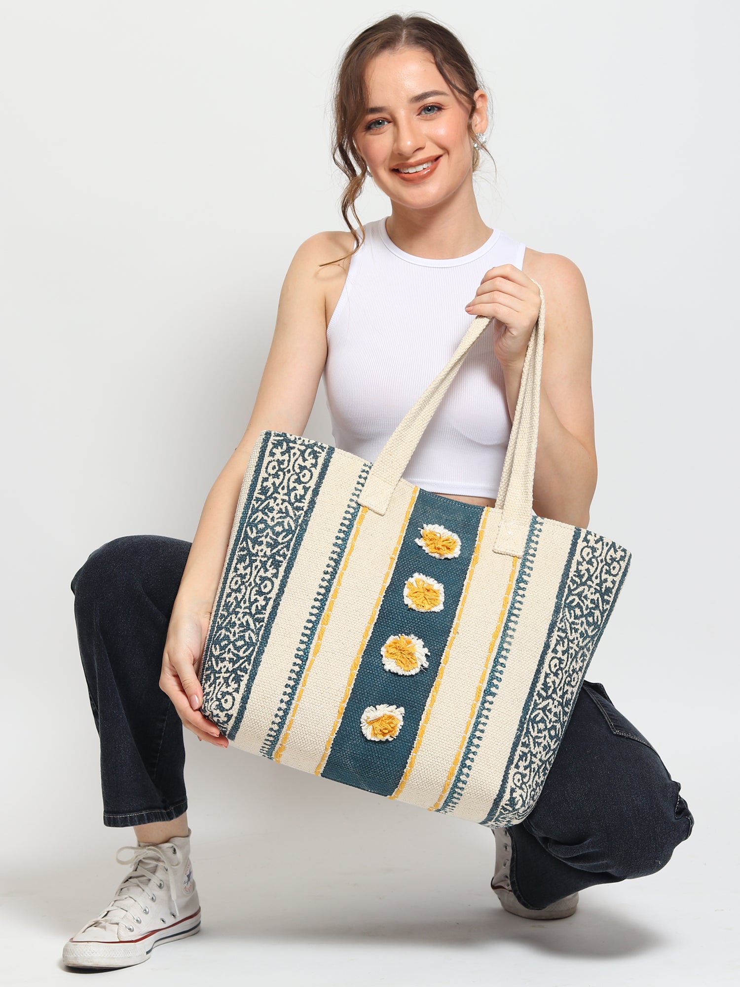 Brisk block-printed tote bag, side view — Art Avenue