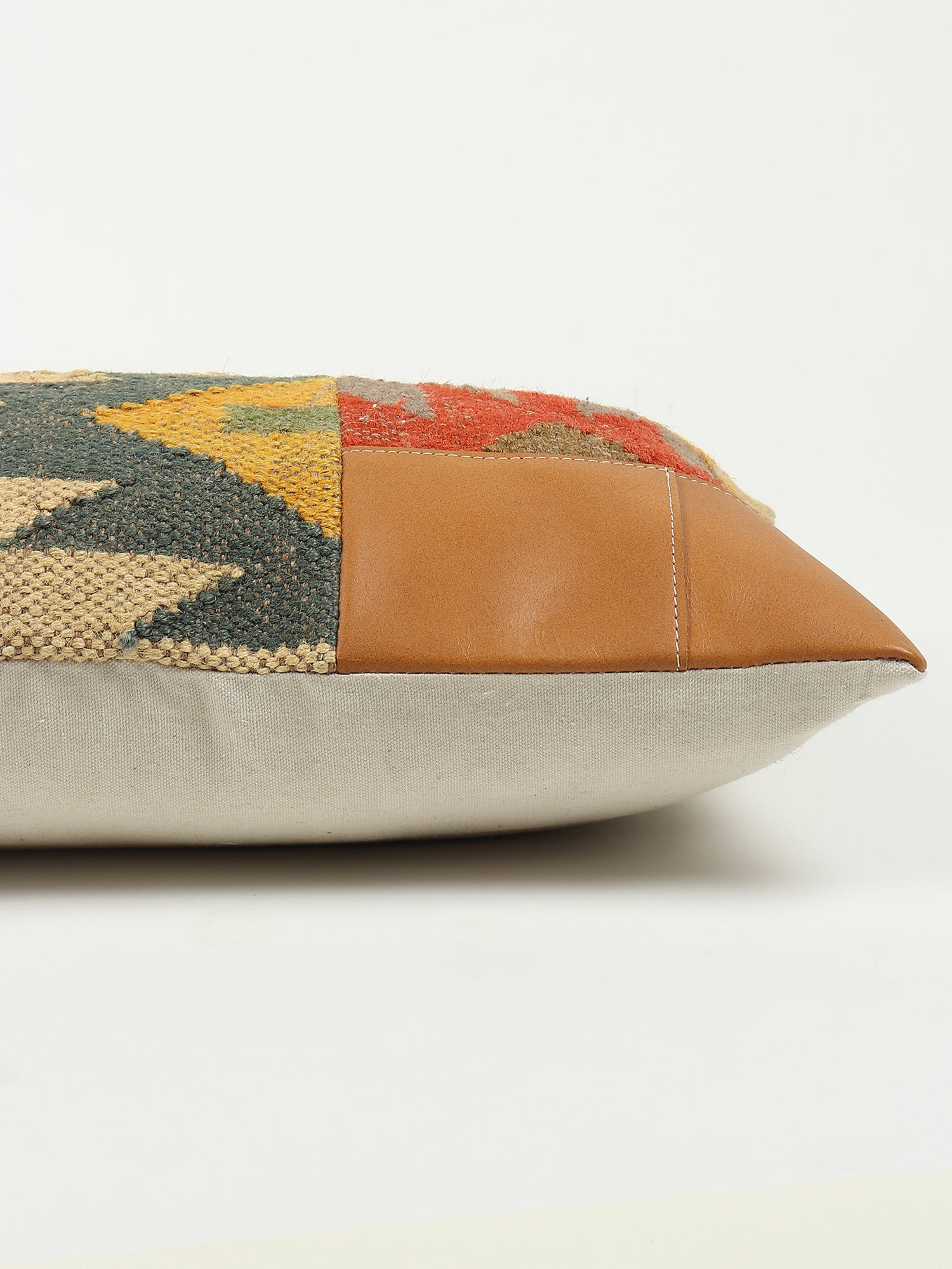 Musky Kilim & Leather Patchwork Lumbar Cushion Cover