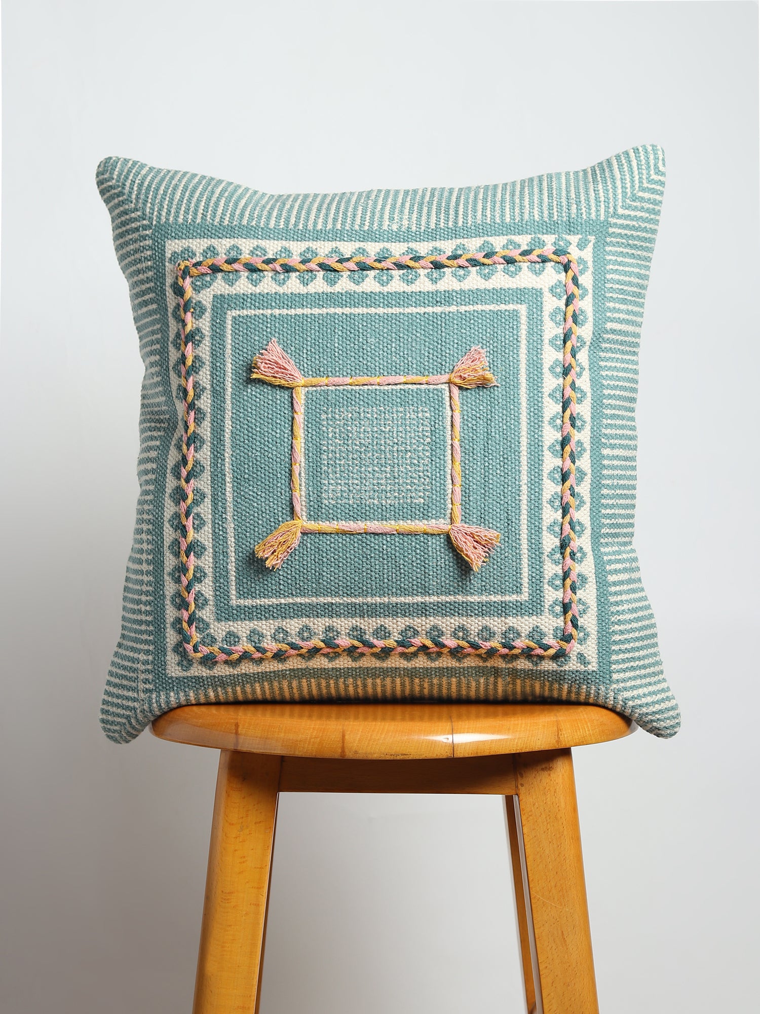 Aella Block-Printed Embroidered Square Cushion Cover