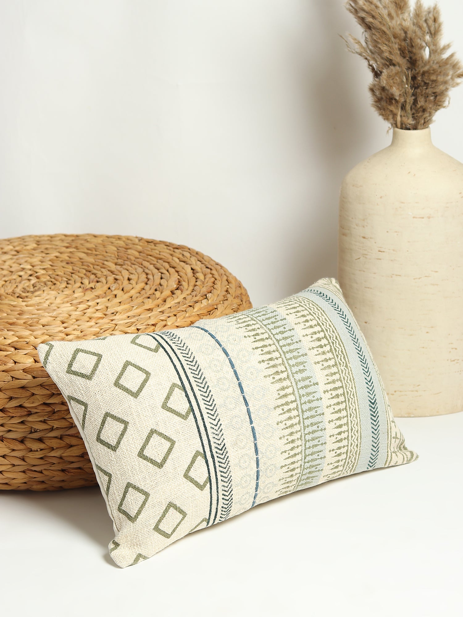 Peace Block-Printed Embroidered Lumbar Cushion Cover