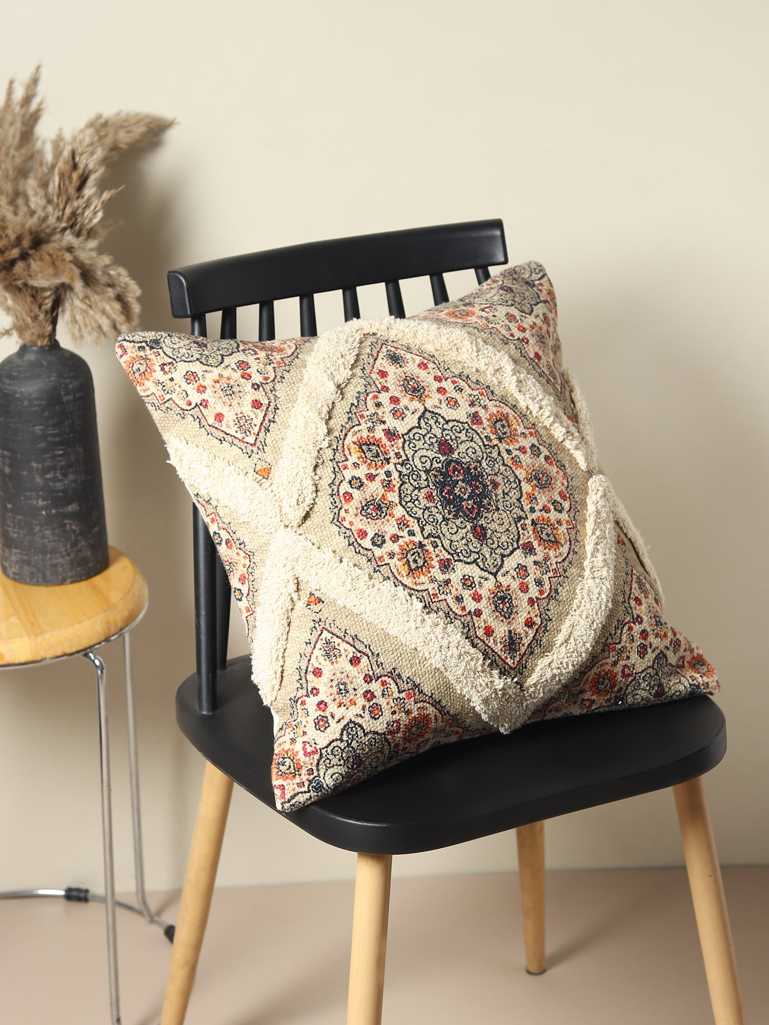 Printed shaggy square cushion on sofa — Art Avenue