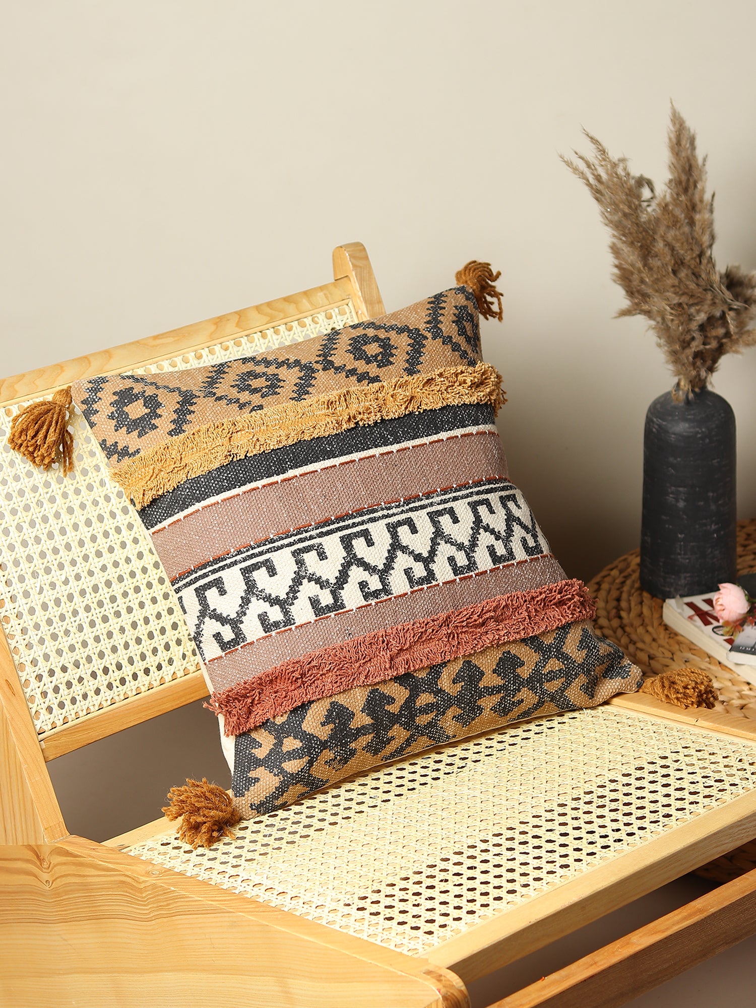 Omega Block-Printed Shaggy Square Cushion Cover — Multicolour — Art Avenue