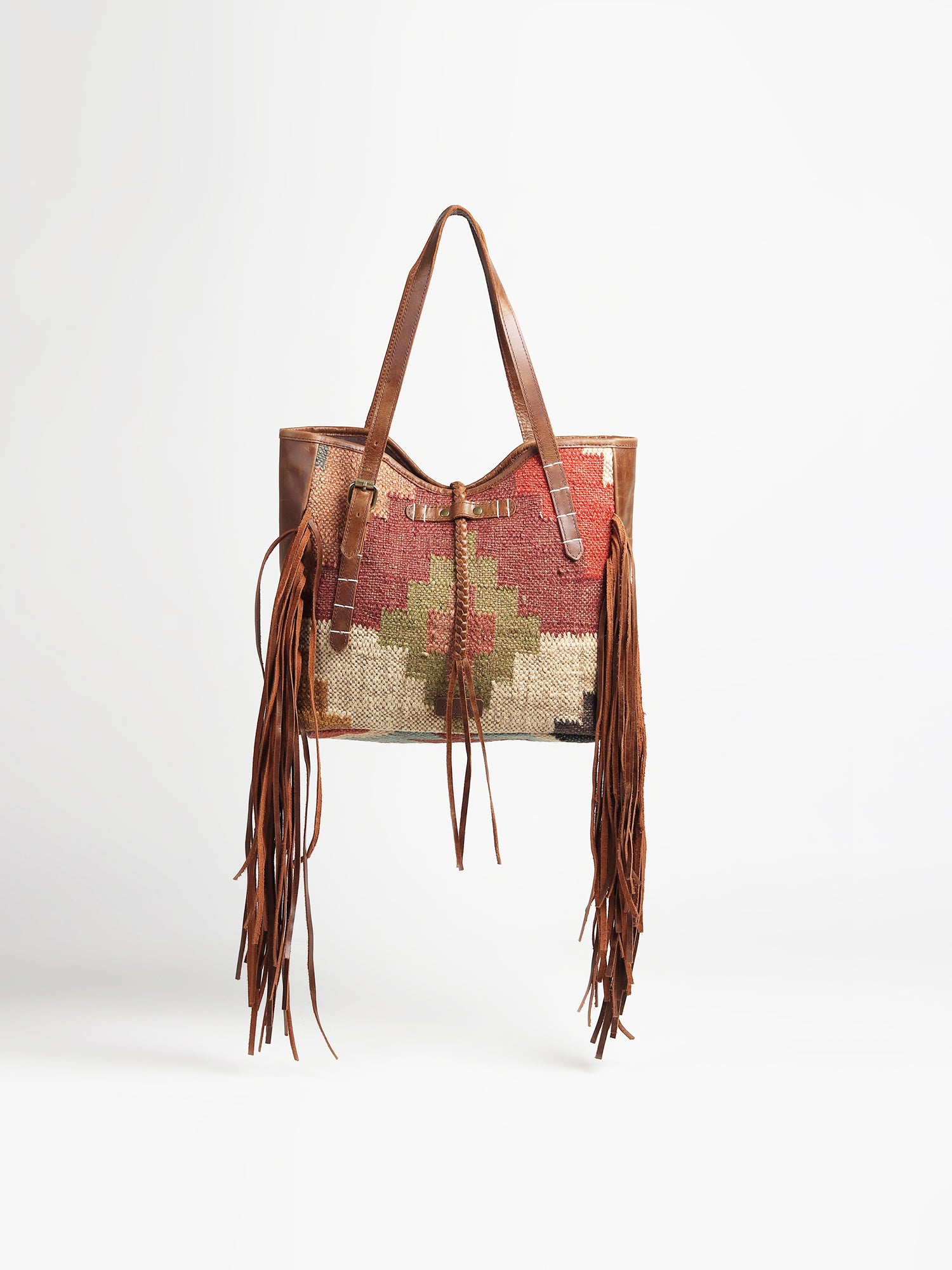 Bohemian kilim and leather handbag, alternate view — Art Avenue