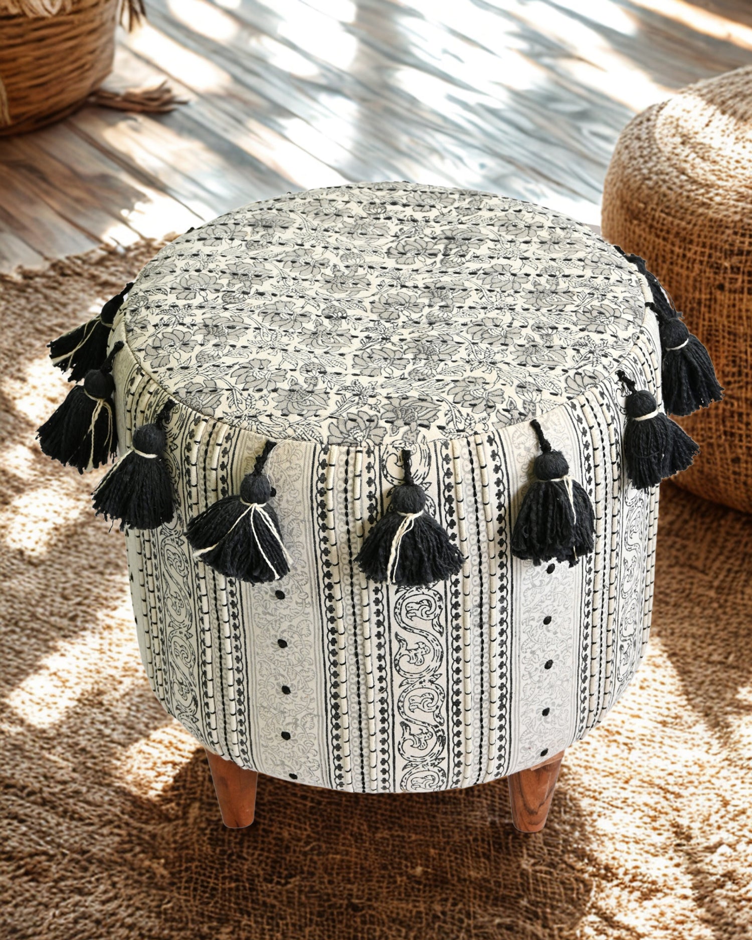 Kilim-Upholstered Cylindrical Ottoman in Brown — Art Avenue