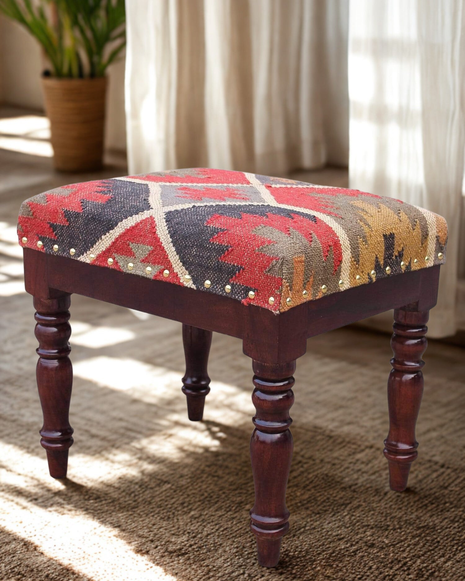 Kilim-Upholstered Rectangular Ottoman in Multicolour — Art Avenue