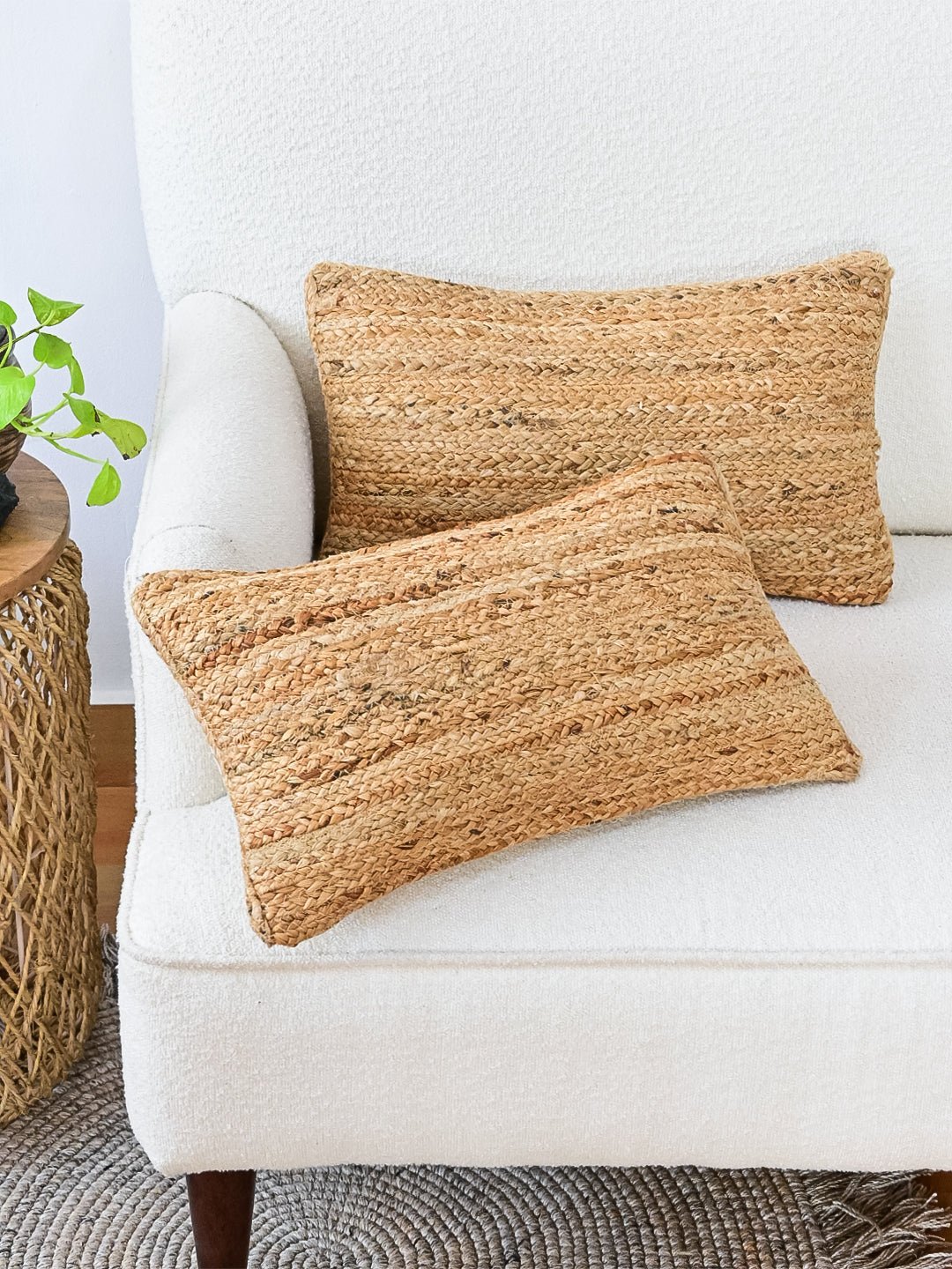 Bellary braided jute lumbar cushion cover — handmade in Jaipur