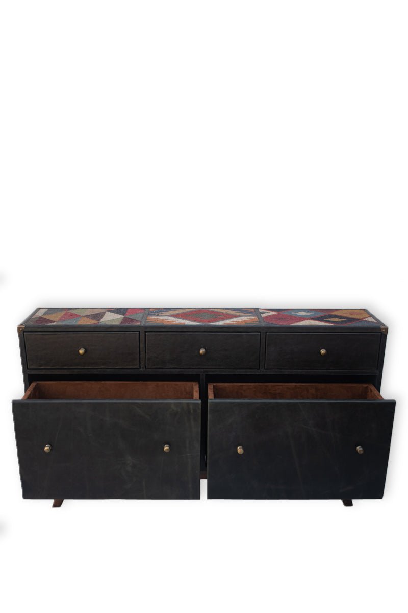 Handcrafted kilim and leather chest of drawers — Art Avenue
