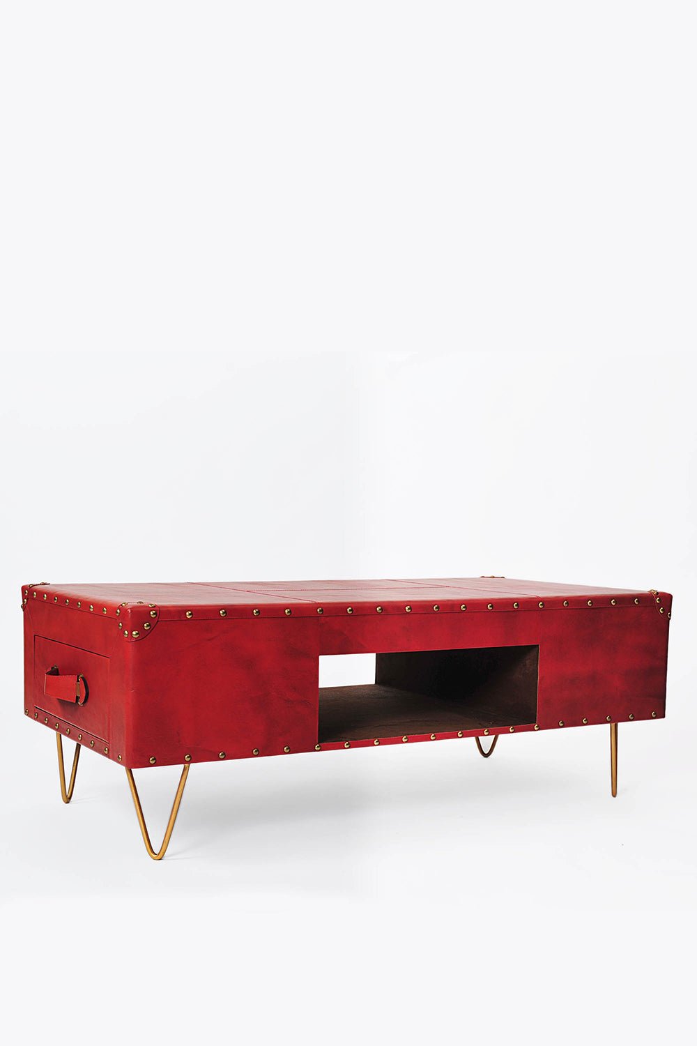 Rose leather coffee table — leg detail — Art Avenue