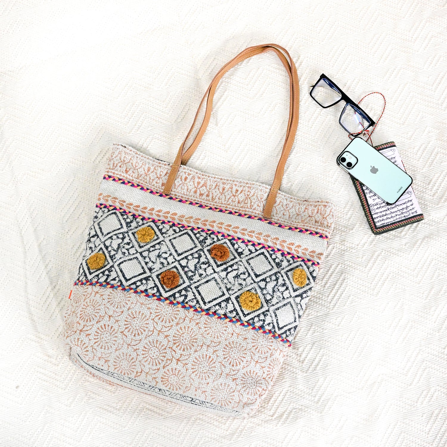 Maize block-printed tote bag on shoulder — Art Avenue