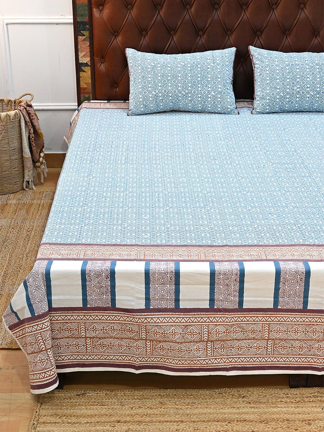 SPIRAL SEA BLUE COTTON BLOCK PRINTED DOUBLE BEDSHEET WITH PILLOW - ART AVENUE