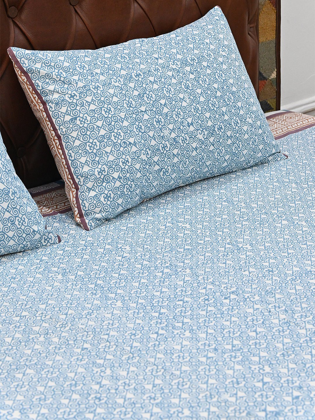 SPIRAL SEA BLUE COTTON BLOCK PRINTED DOUBLE BEDSHEET WITH PILLOW - ART AVENUE