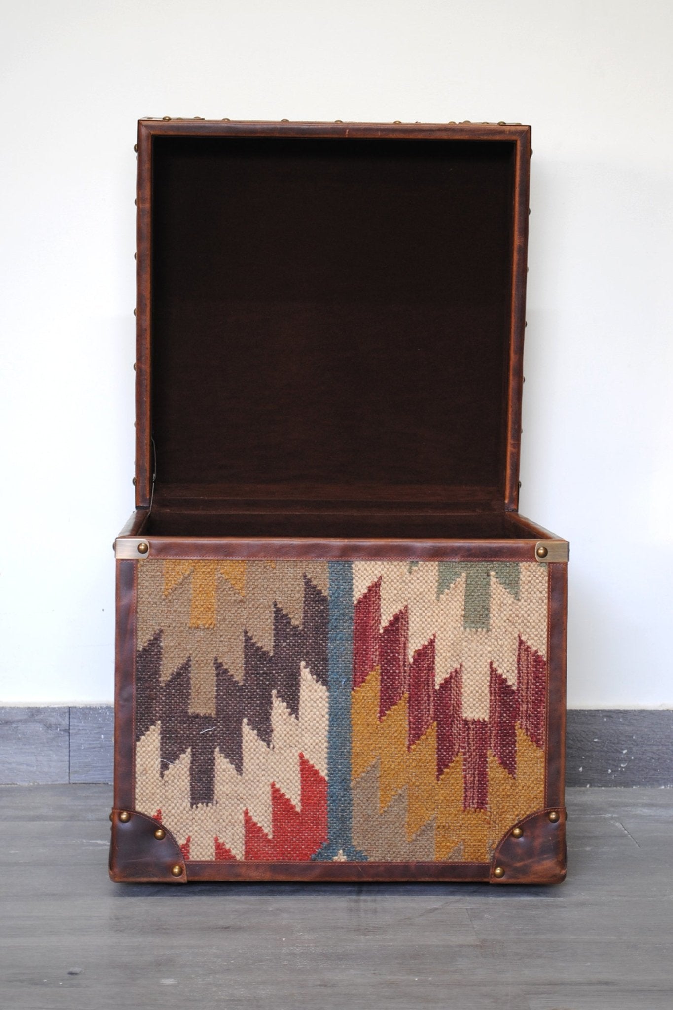 Handcrafted kilim and leather storage trunk — Art Avenue