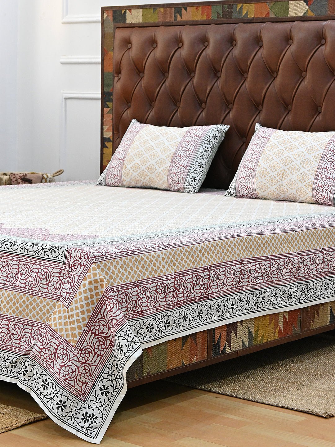 GEOMETRIC YELLOW GREEN COTTON PRINTED DOUBLE BEDSHEET WITH PILLOW - ART AVENUE