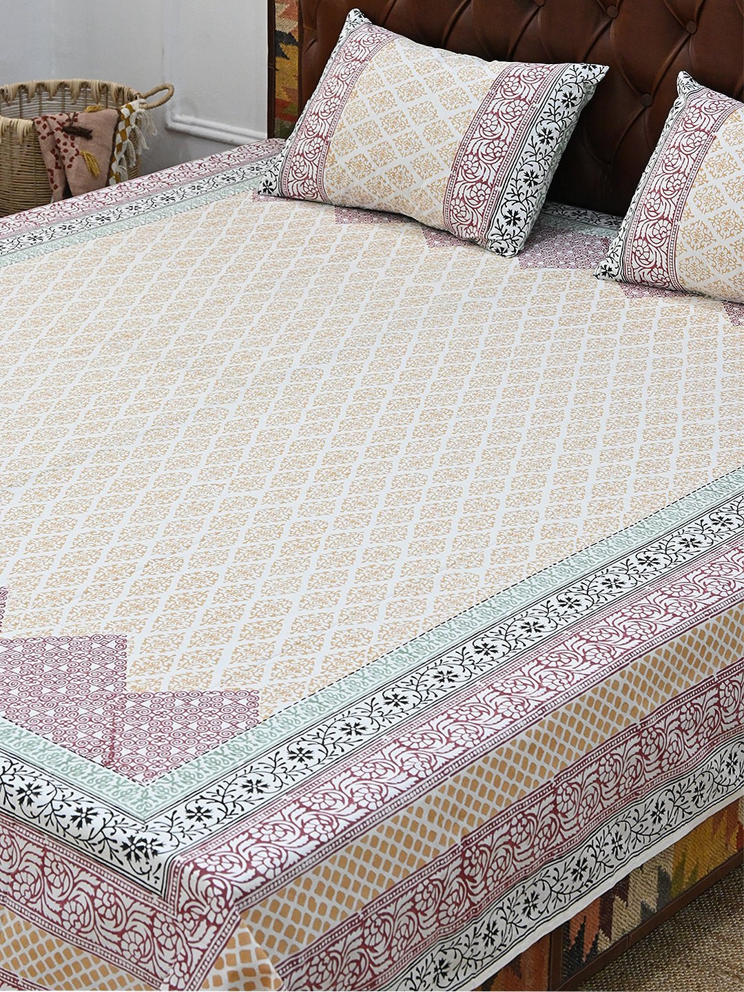 GEOMETRIC YELLOW GREEN COTTON PRINTED DOUBLE BEDSHEET WITH PILLOW - ART AVENUE