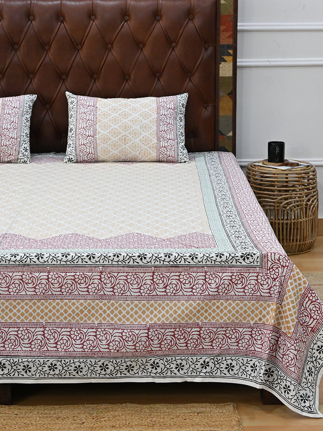 GEOMETRIC YELLOW GREEN COTTON PRINTED DOUBLE BEDSHEET WITH PILLOW - ART AVENUE