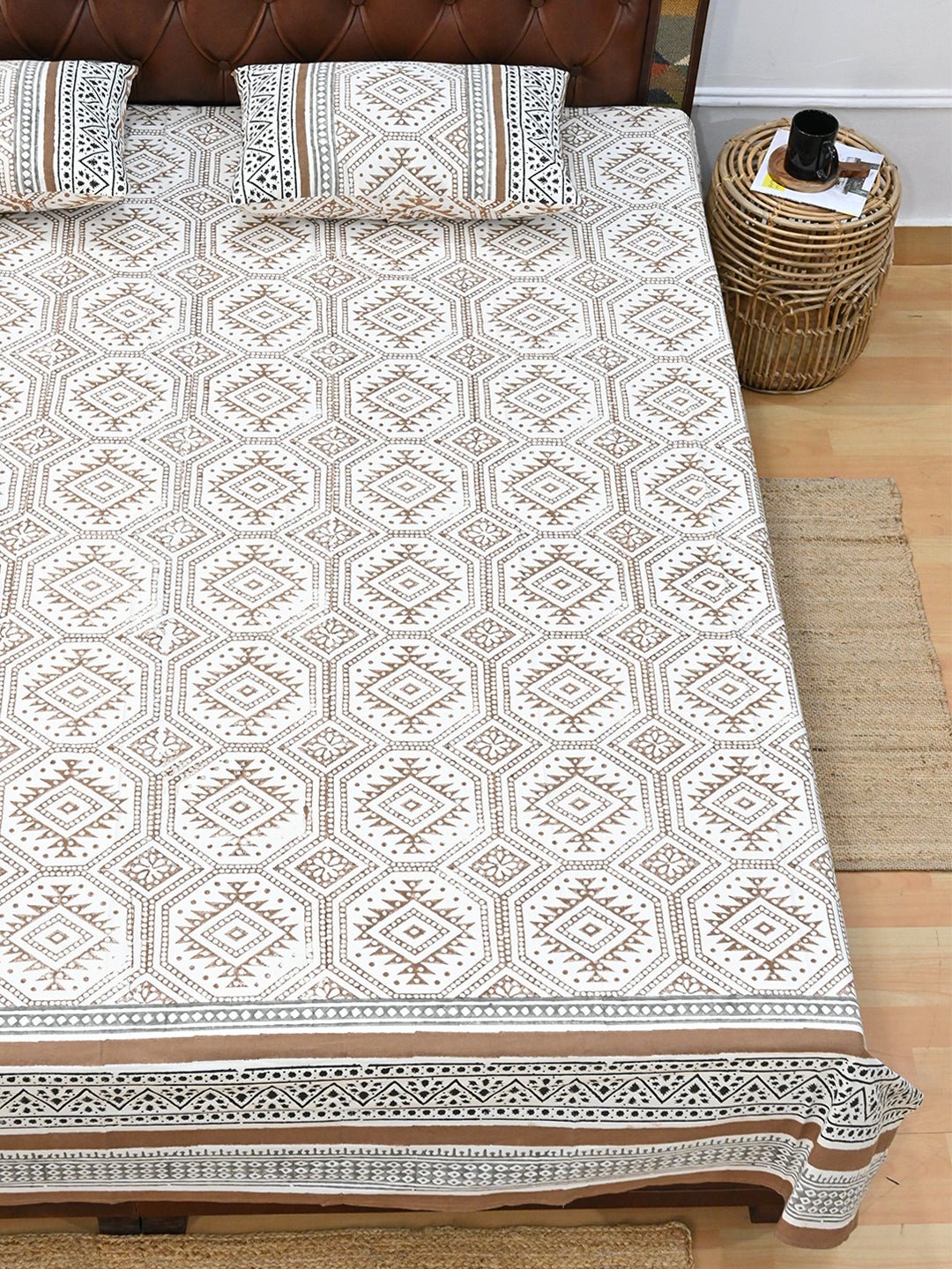 GEOMETRIC BROWN COTTON PRINTED DOUBLE BEDSHEET WITH PILLOW - ART AVENUE