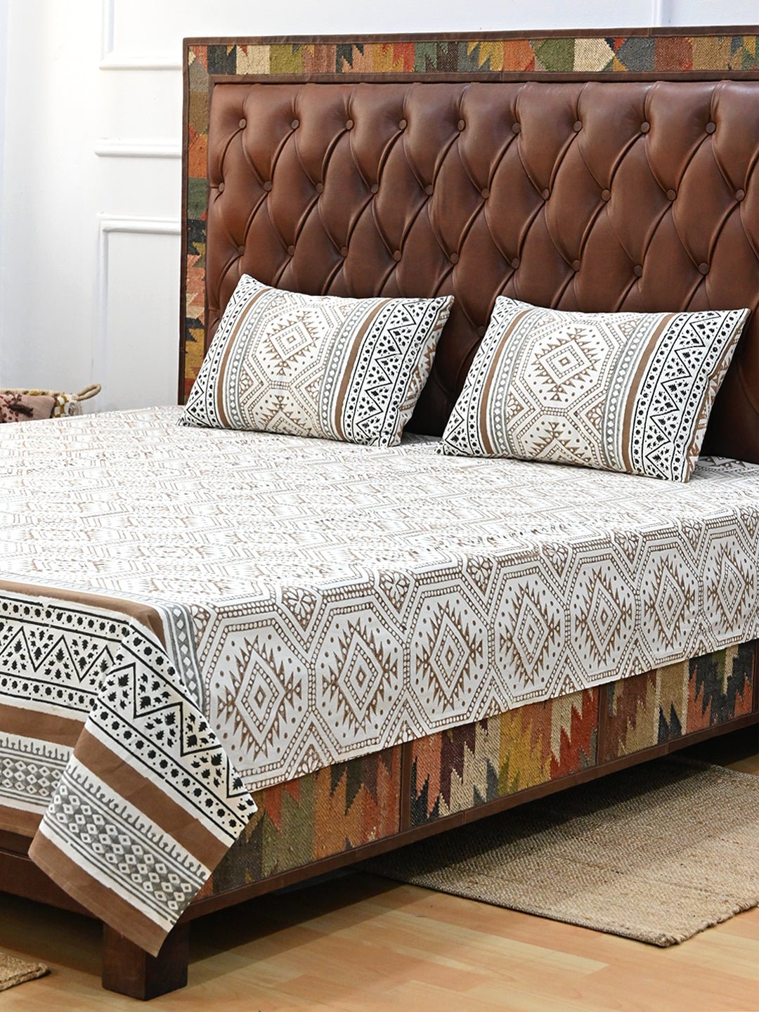 GEOMETRIC BROWN COTTON PRINTED DOUBLE BEDSHEET WITH PILLOW - ART AVENUE