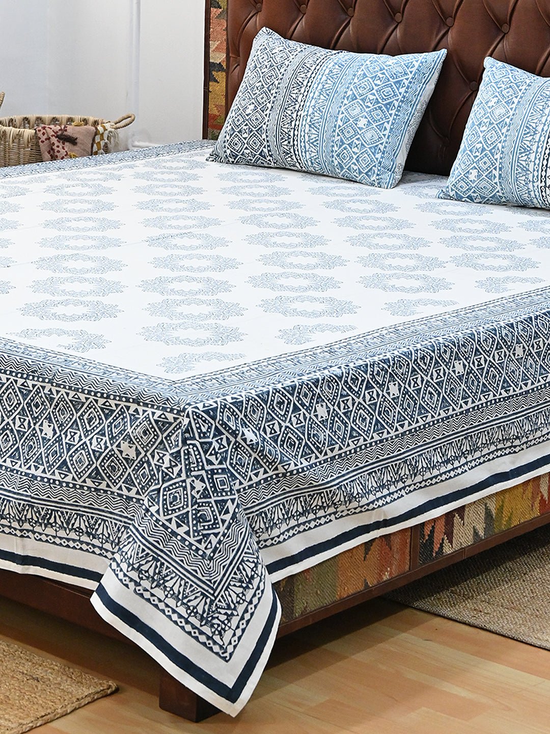 SUNFLOWER BLUE GEOMETRIC COTTON PRINTED DOUBLE BEDSHEET WITH PILLOW - ART AVENUE