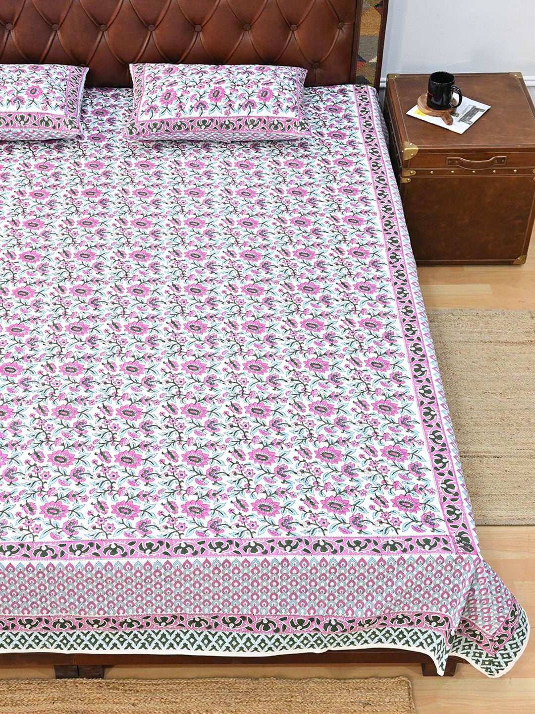 GULMARG PINK COTTON PRINTED DOUBLE BEDSHEET WITH PILLOW - ART AVENUE