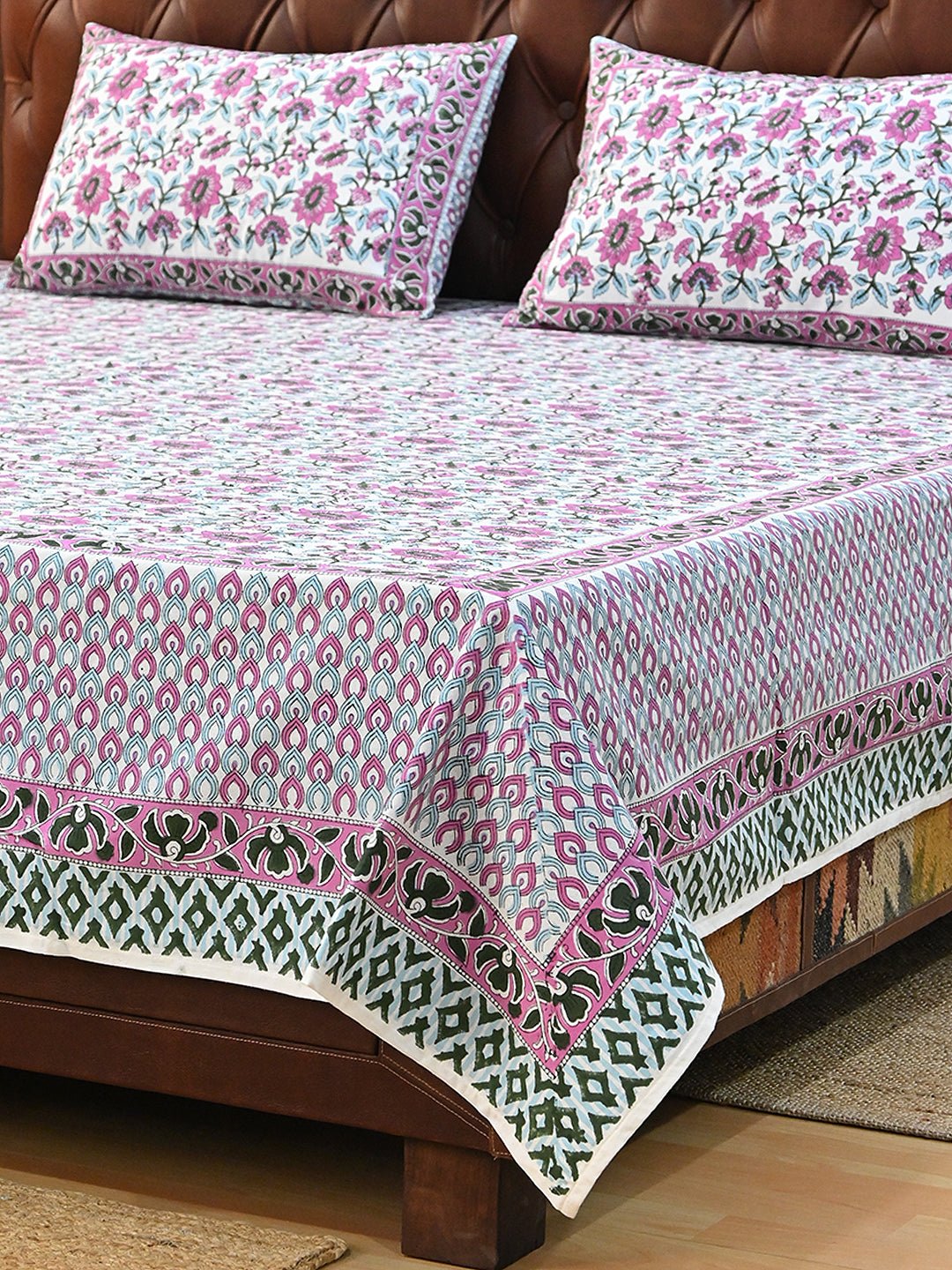 GULMARG PINK COTTON PRINTED DOUBLE BEDSHEET WITH PILLOW - ART AVENUE