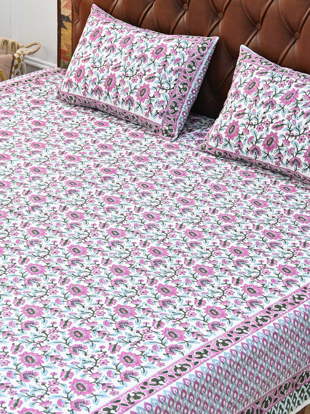 GULMARG PINK COTTON PRINTED DOUBLE BEDSHEET WITH PILLOW - ART AVENUE