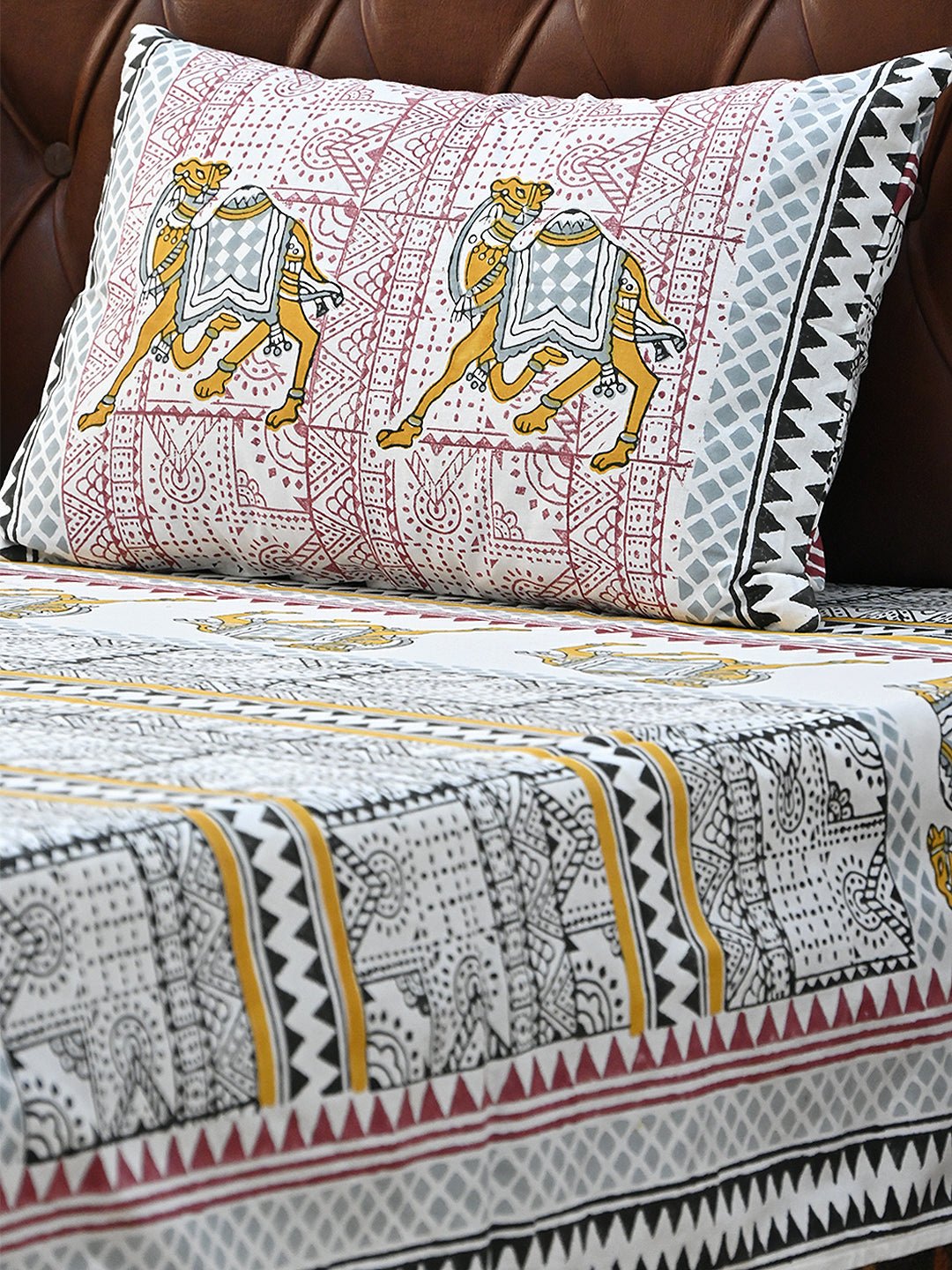 TRADITIONAL CAMEL COTTON PRINTED DOUBLE BEDSHEET WITH PILLOW - ART AVENUE