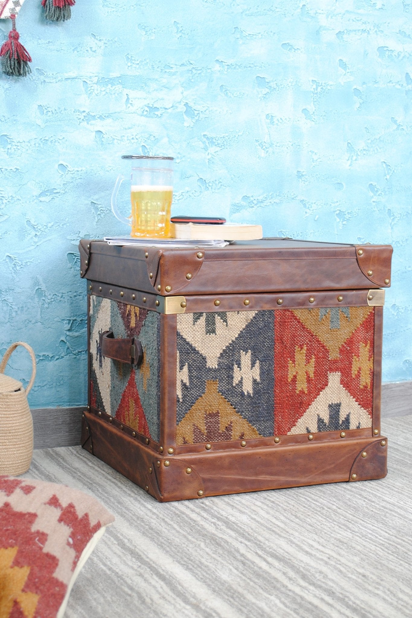 Side view of kilim storage trunk — Art Avenue