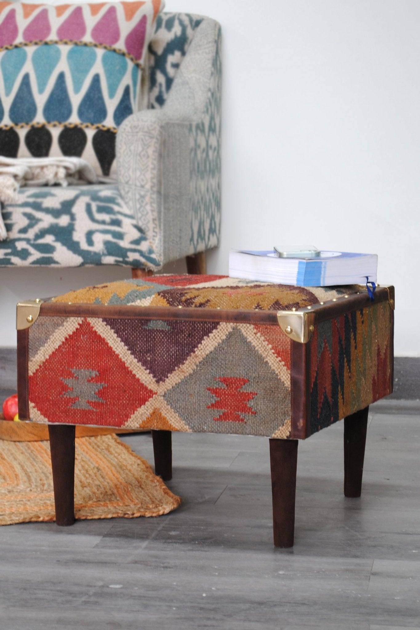 Side view of kilim and leather ottoman — Art Avenue