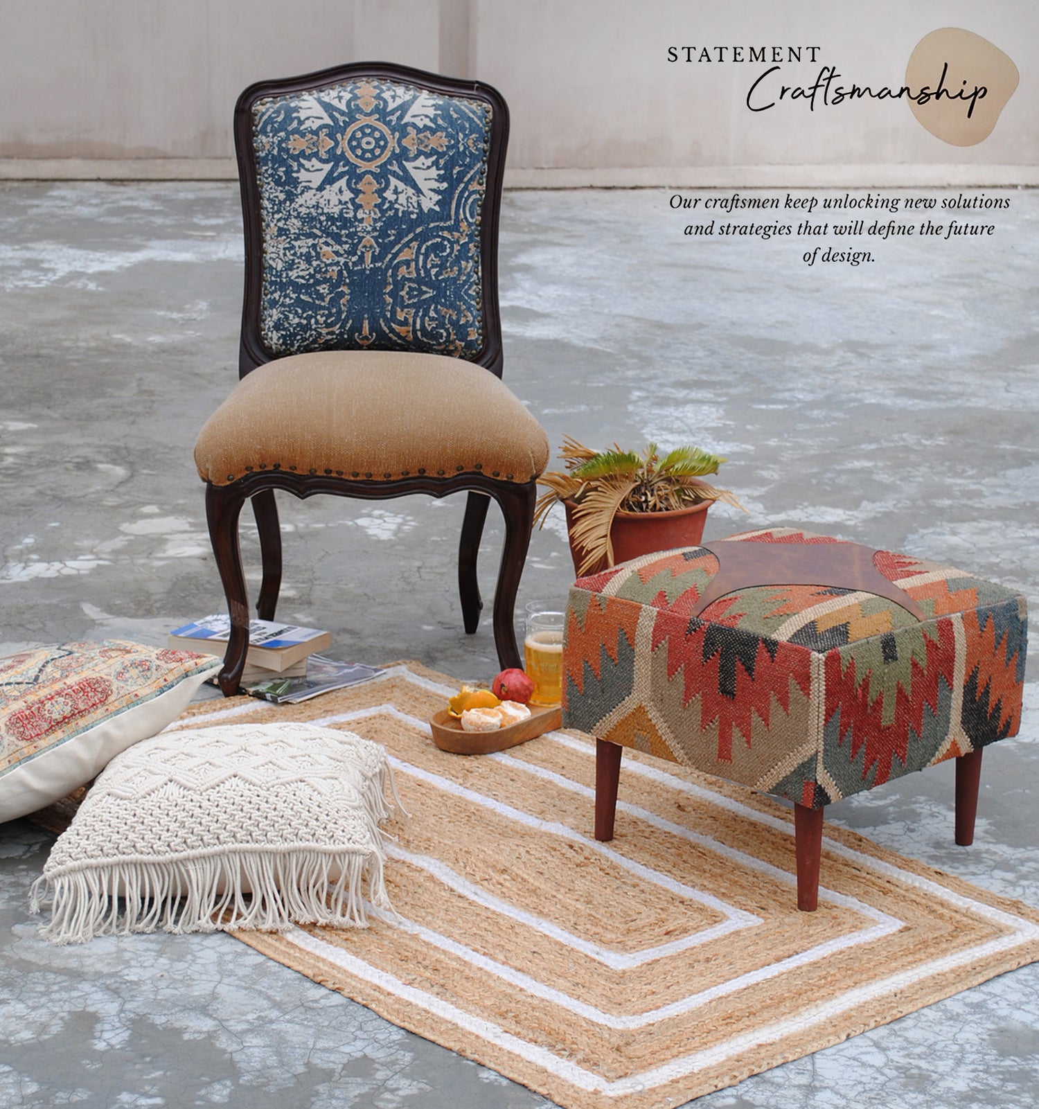 Handcrafted kilim and leather ottoman — Art Avenue