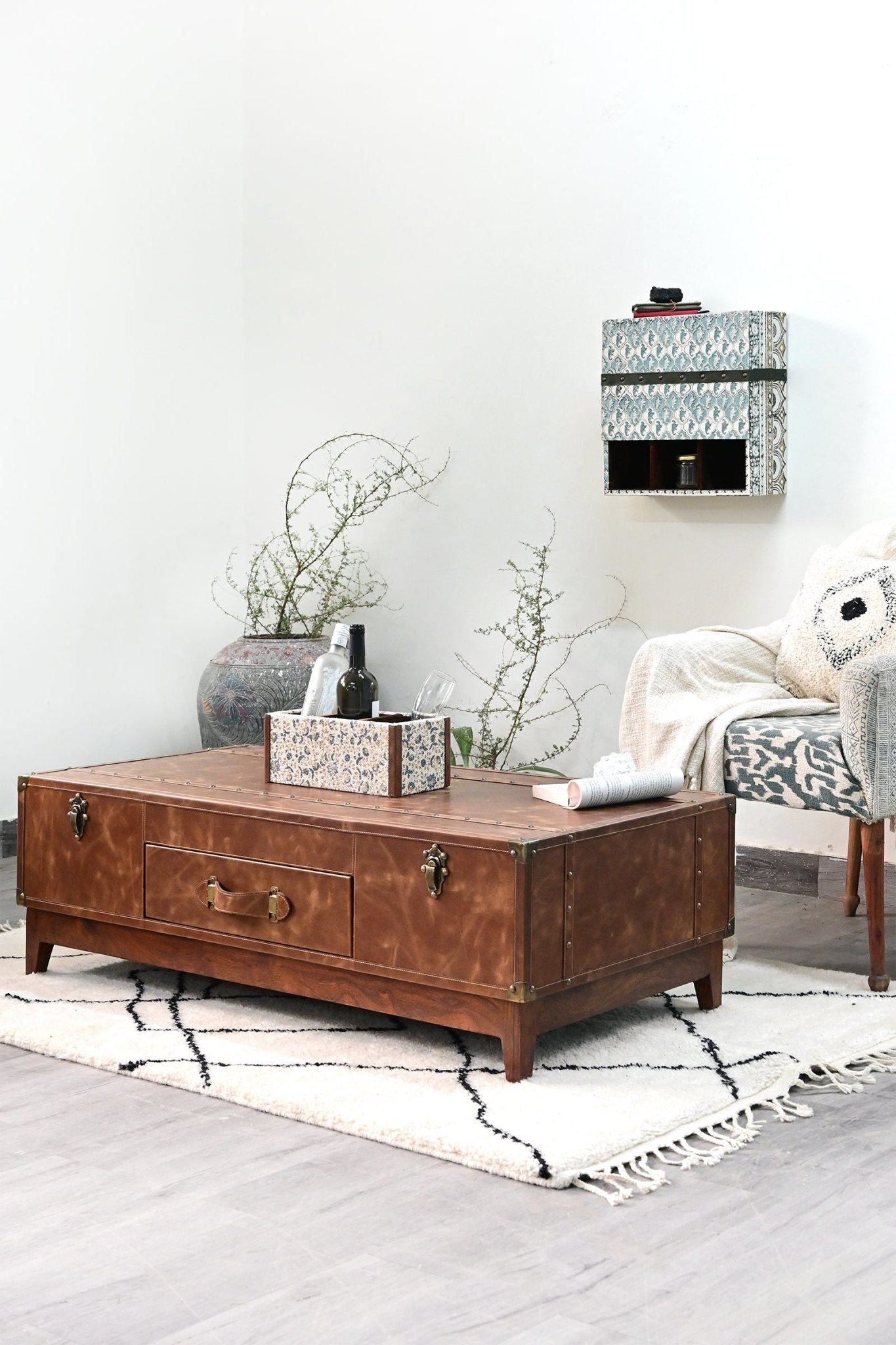 Tulum leather coffee table — hand-stitched top detail — Art Avenue