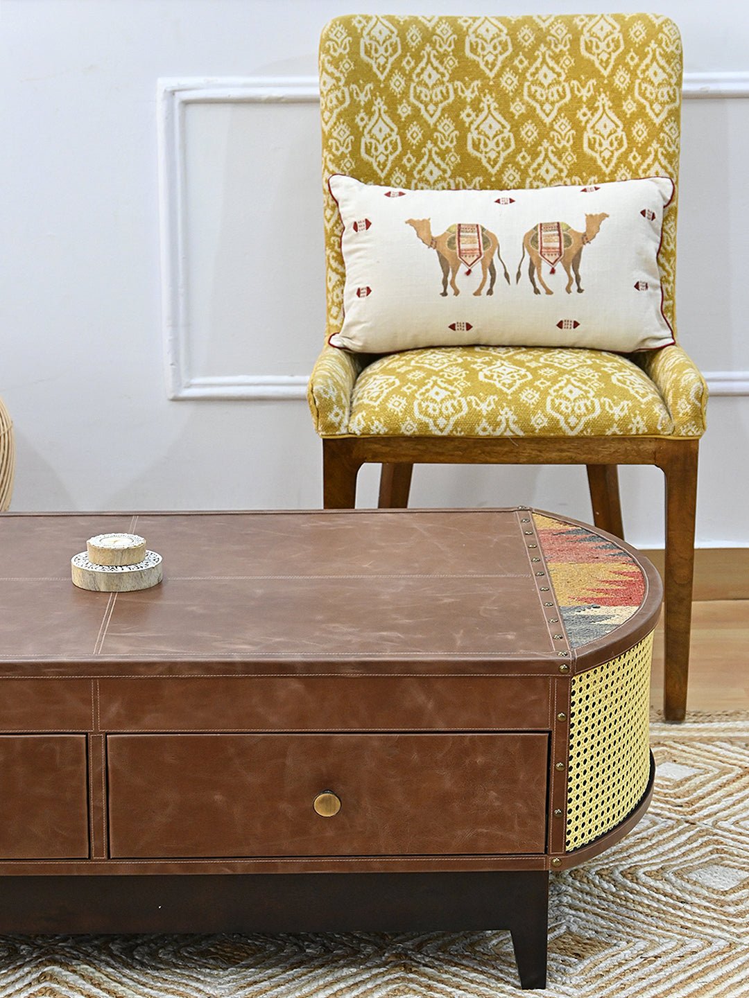RUSTIC COFFEE TABLE - KILIM AND LEATHER - ART AVENUE