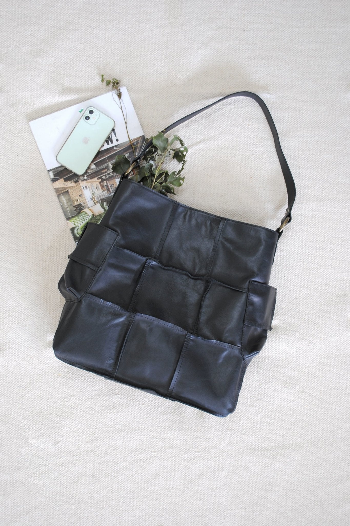 Blazon leather patchwork handbag lifestyle — Art Avenue
