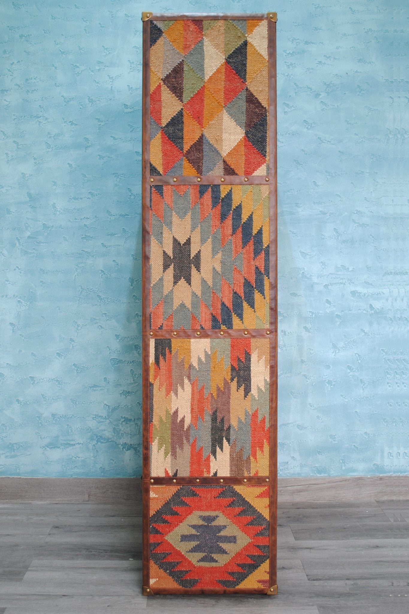 Expat kilim leather storage shelf — room setting, Art Avenue