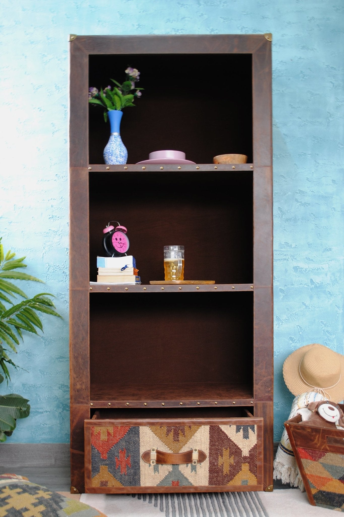 Expat kilim leather shelf detail — kilim panels, Art Avenue
