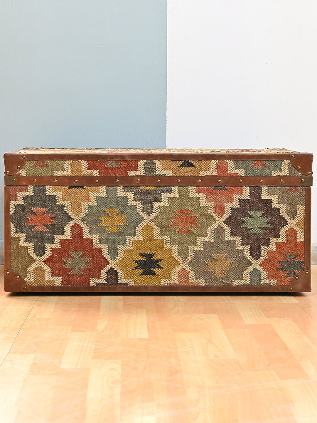 Elite kilim trunk table — leather trim detail — Art Avenue