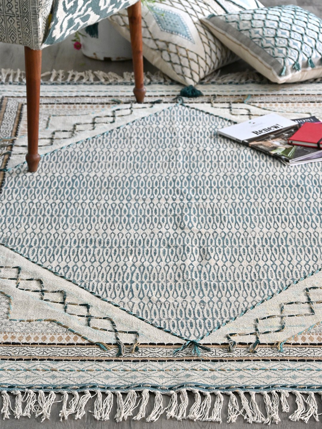 Block-printed cotton dhurrie rug styled in living room — Art Avenue