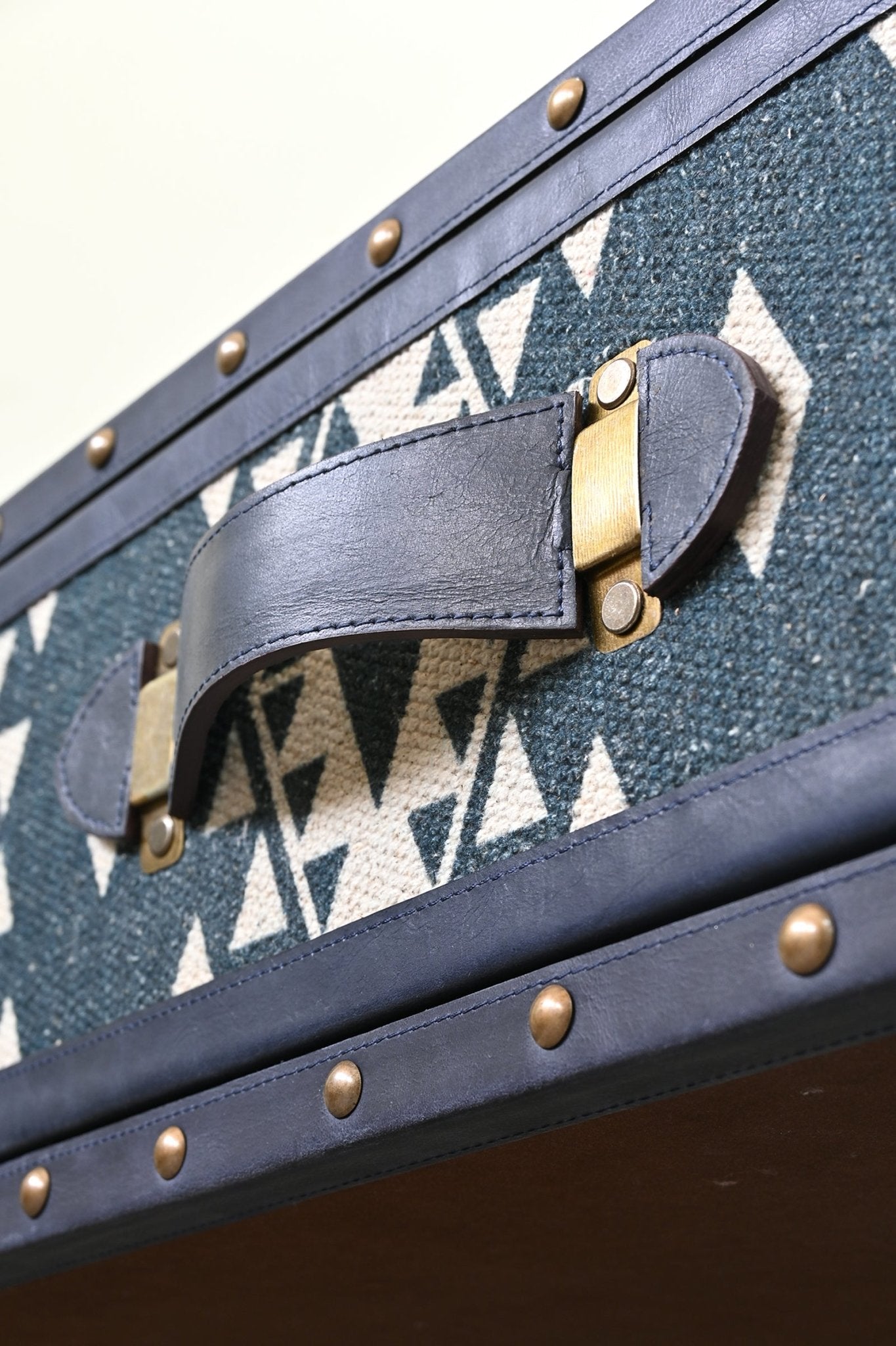 Sky coffee table — hand-stitched leather top detail — Art Avenue