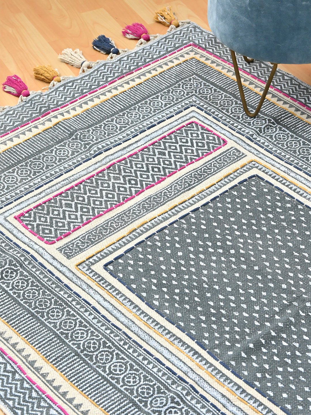 Block-printed cotton dhurrie rug in room setting — Art Avenue