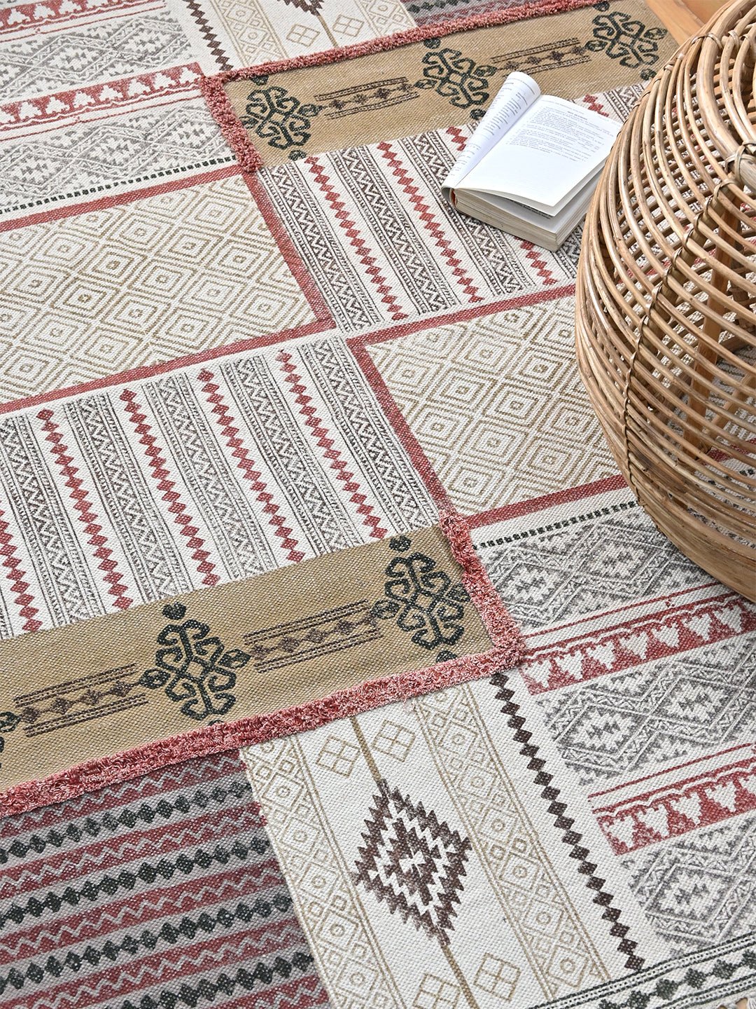 Block-printed cotton dhurrie rug in room setting — Art Avenue