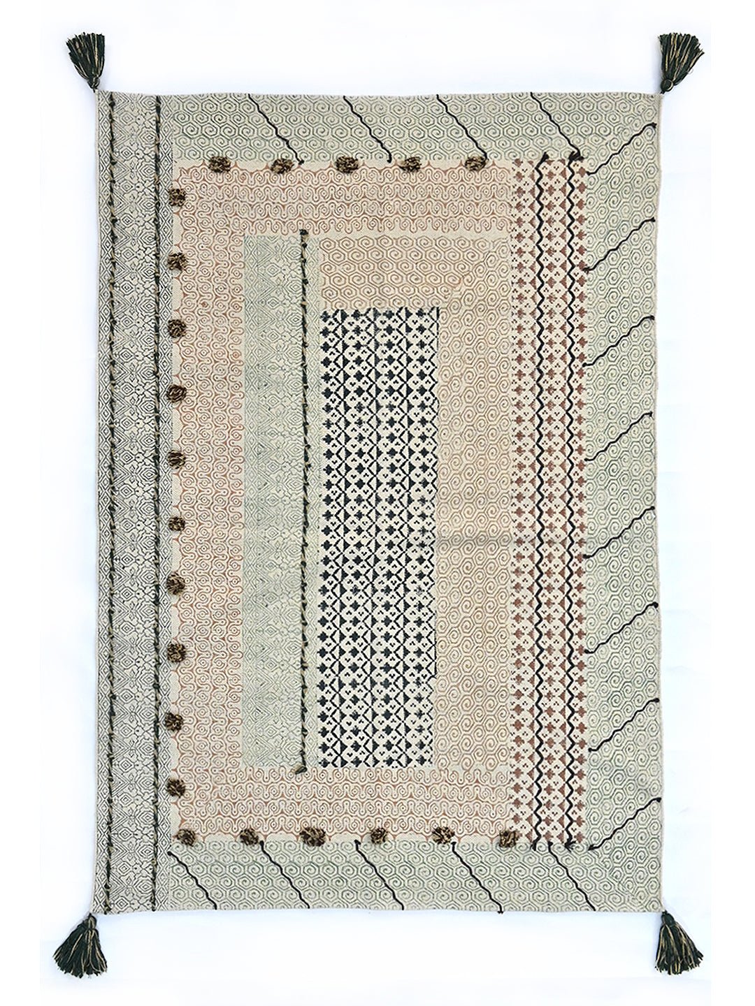 Block-Printed Cotton Dhurrie Rug in Blue, Green & Grey Floral — Art Avenue