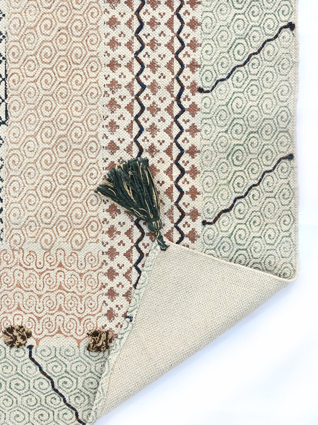 Detail of floral block-print on cotton dhurrie rug — Art Avenue
