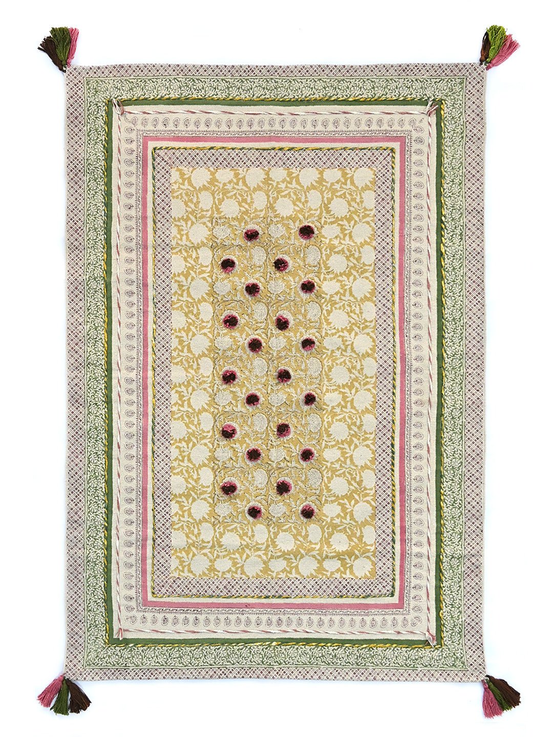 Block-Printed Cotton Dhurrie Rug in Blue, Green & Grey Floral — Art Avenue